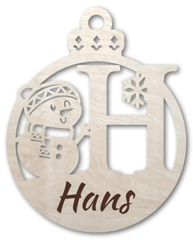 Urhome Weihnachtskugel personalisiert mit Wunschtext Gravur Buchstabe H mit Schneeman Motiv Hell Braun - Ornament Christbaumschmuck Weihnachtsdeko Weihnachtsbaum Anhänger aus 6,5mm Holz