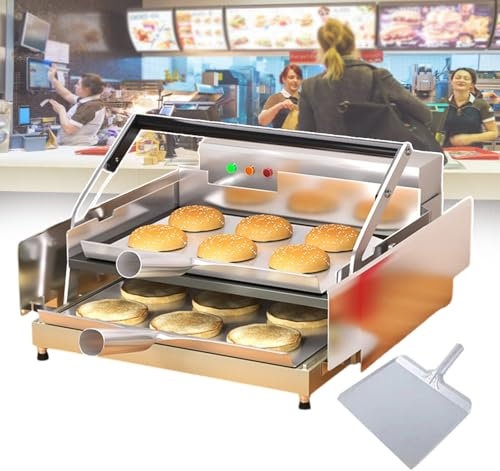 Electric Hamburger Toaster 0.8KW Hamburger Press Grill, Double-Layer Commercial Contact Sandwich Toast Maker, Stainless Steel with Buzzer, Fully Automatic (w/1 Hamburger Shovel)