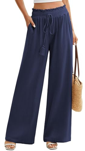 UMIPUBO Women Cotton Linen Trousers Summer Wide Leg Pants Elastic Waist Lightweight Beach Trousers Ladies Palazzo with Pockets Casual Flowy Loose Bottoms Trousers for Work Yoga Holiday