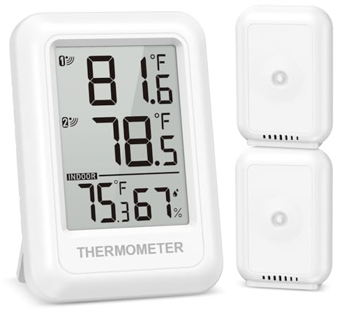 Ankilo Thermometer für den Innen- und Außenbereich, kabellos, mit 2 Sendern bis zu 100 m, Max/Min-Anzeige, Gewächshaus-Feuchtigkeitsthermometer für Babyzimmer, Garten