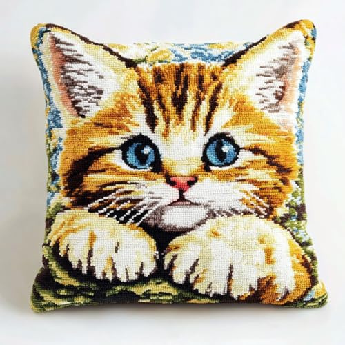 AMBATTERY Coussin Point de Croix Gros Trou, Chat animal Coussin à Broder Fait Main 45X45cm Coussin Brodé Coussins Broder Au Point De Croix Complet Coussin Point De Croix