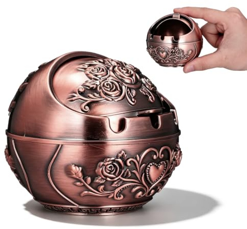 ULTECHNOVO Aschenbecher mit Deckel Outdoor & Indoor, Winddichter Retro Sturmaschenbecher aus Metall mit Rosen-Relief, Geruchsdichter Vintage Tischaschenbecher für Balkon Wohnzimmer, Kupfer-Optik, Run