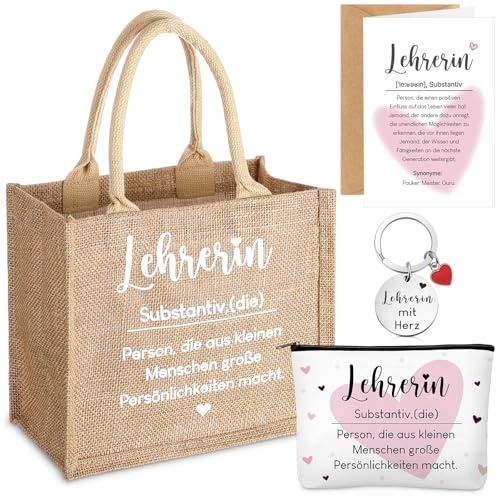 Xuniea Dankeschön Geschenke für Lehrerin Erzieherin Enthält 1 Jute Tragetasche 1 Kosmetiktasche aus Segeltuch 1 Schlüsselanhänger 1 Dankeskarte 1 Kraftpapierumschlag für Abschied Geburtstag