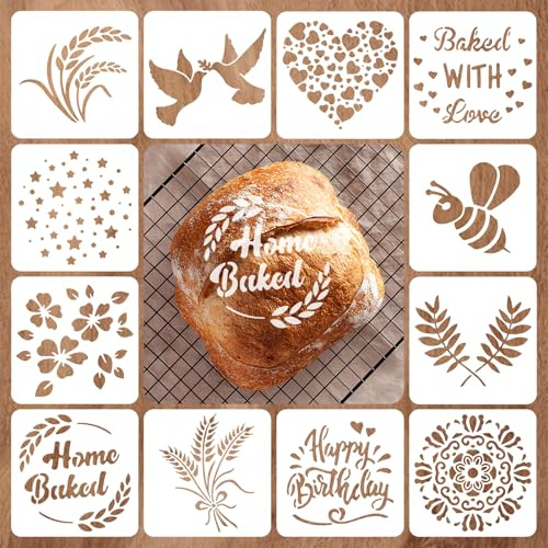 12 Stück Schablone für Brot, Backschablonen-Set, Artisan Brotschablonen, Brot Schablonen zum Dekorieren, Schablonen für Brot, Kuchen, Kaffee, Torte oder Kekse (15 X 15cm)