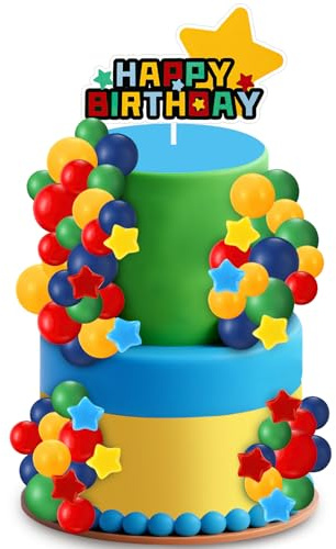 Cartoon Cake Topper, 45 Stück Cartoon Tortendeko, Rot Blau Grün Gelb Kugeln Kuchendeko, Happy Birthday Topper, Stern Torten Deko, für Cartoons Videospiel Bro Thema, Kindergeburtstag, Baby Shower
