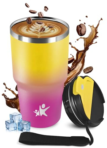 KollyKolla Termo Cafe, Taza de Café para Llevar 304 Acero Inoxidable Reutilizables, Taza Aislante Hermética al Vacío con Tapa, Termo Café Hermético Perfecta para Campamento, Niños, Oficina, Correr