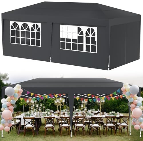 Suusolny Pavillon Höhenverstellbar 3x6m Pop-Up Faltpavillon Wasserdicht Partyzelt Gartenzelt mit Tragetasche Stabil Festzelt Gartenpavillon Für den Außeneinsatz Geeignet - mit Seitenwände - Anthrazit