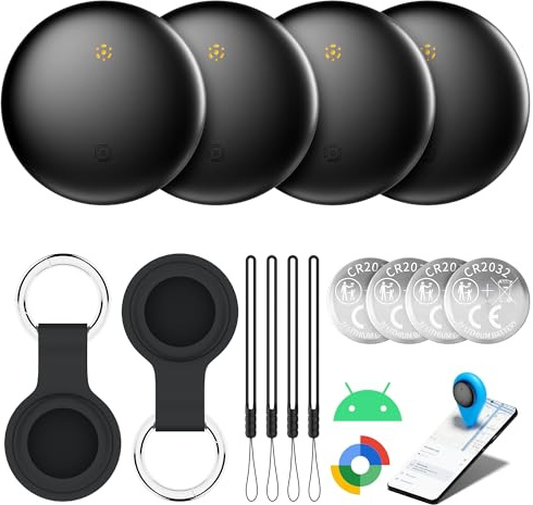 Bluetooth Tracker 4-Pack for Android & Samsung with Case, Smart Tag Item Finder for Keys Wallet Luggage, IP66 Waterproof, 365-Day Battery, Works with Google Find Hub (Black)