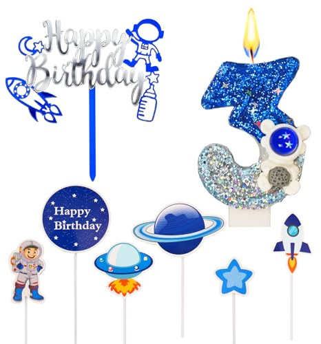 Astronaut Birthday Candles Numbers 3, Candles Number 3 Deco Cakes, Birthday Candle Numerical for Children, Space Theme Decorations for Birthdays Boys for Parties