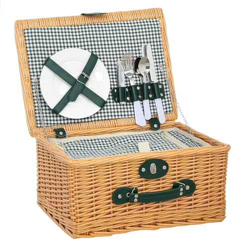 Outsunny Picknickkorb mit Isoliert Kühlfach für 2 Personen Hellbraun | Aus Weidenholz, Besteck Set, Picknick Set, Komplettset Picknickkoffer, für Strand Weihnachten Camping