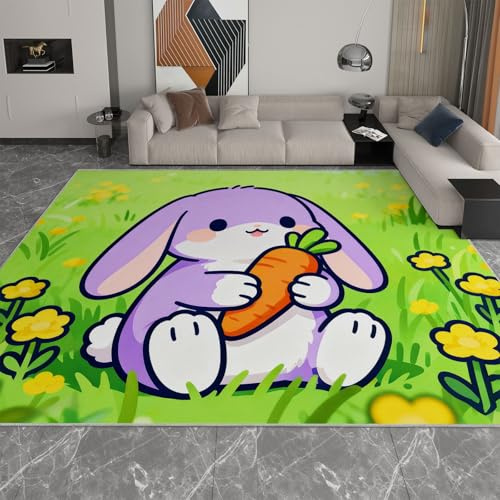 Generisch Teppich Wohnzimmer 60 x 90 cm, Schlafzimmer Teppich Wohnzimmerteppich rutschfesterteppich waschbarerteppich Cartoon Lila Kaninchengras für Schlafzimmer Esszimmer Küchen, Grün