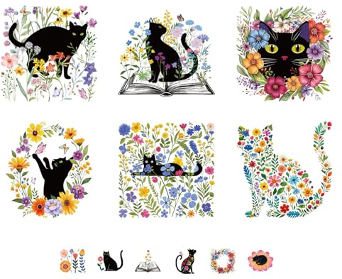 SUPERDANT 12 pegatinas de transferencia de calor con diseño de gato negro entre flores para gatos y becerros de libros, parches para planchar, calcomanías lavables para ropa, camisetas, apliques de