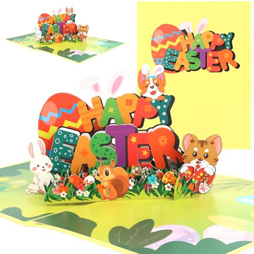 Esitrormi 3D Pop Up Easter Card, Happy Easter Greeting Card with Envelope, Bunny Egg Animal Design for Spring Holiday Celebrations