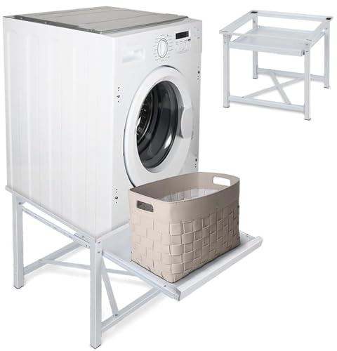 Untergestell für Waschmaschinen aus Stahl | Stabiler Unterbau Podest mit Ablage, zum Waschmaschine Trockner, Sockel Erhöhung, Unterschrank erhöht, max. 150 kg, 60 x56x52 cm (L X B X H), Weiß