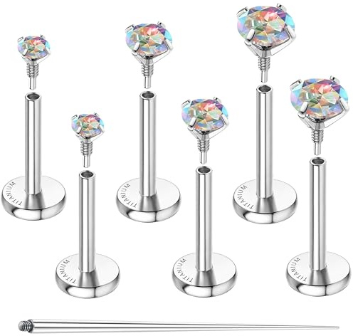 Sllaiss Piercing Titanio Grado Implante G23 Pendientes Piercings Oreja Hipoalergenico Piercing Helix Tragus Labret Conch Cartílago Medusa Rosca Interna sin Niquel con Circonita Brillante, Plata 16G