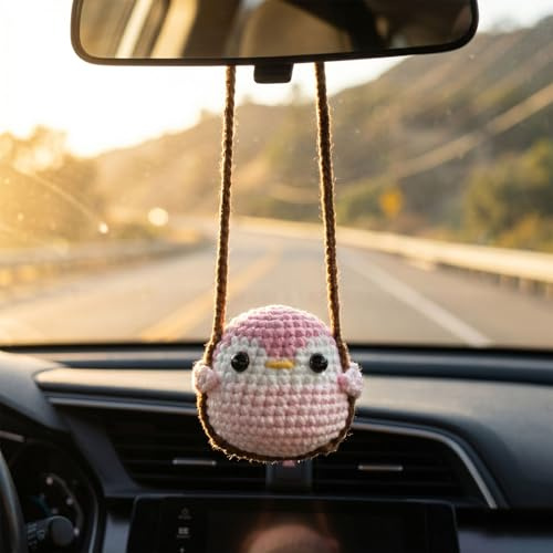 Gehäkelter Pinguin Auto Rückspiegel Anhänger - Süßer Rosa Auto Spiegel Anhänger Deko & Auto Rückspiegel Anhänger, Aesthetic Auto Anhänger Handgemacht für Frauen Tasche Geschenk