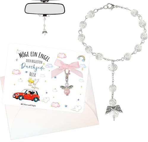 Schutzengel Auto Anhänger für Spiegel, Rosenkranz Glücksbringer Auto Innenraum Zubehör, Autoanhänger Frauen, Geschenk für Führerschein Bestanden & Neuer Wagen (Autoanhänger + Schlüsselanhänger)