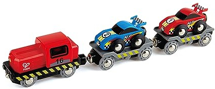 Transporter di auto da corsa Hape 3+| Set da sei pezzi | Include transporter a due vagoni con personaggio e auto da corsa