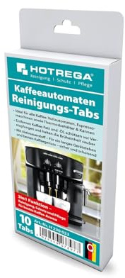 HOTREGA Reinigungstabletten für Kaffeevollautomaten | 10 Tabs à 1,6g | 3in1 Reiniger mit Aktivsauerstoff gegen Kaffeefett | Entkalker & Schutz | Kompatibel mit Siemens, Miele, Philips uvm.