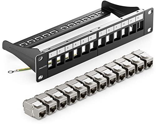 deleyCON 12 Port Patchpanel Set Patchfeld CAT6a 1 HE 10 Zoll - Schwarz
