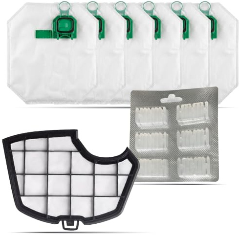 Kit Risparmio 6 Sacchetti Folletto VK140 con Profumatori 6 pezzi, 1 Filtro Griglia Motore, | Ricambi Compatibili per Folletto VK140 | Soluzione Tutto-in-Uno per Casa Sempre Pulita