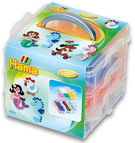 Hama Perlen 6703 Set mit Sortierbox und ca. 6.000 bunten Midi Bügelperlen mit Durchmesser 5 mm, ca. 16 x 15 x 13 cm, 3 Stiftplatten, inkl. Bügelpapier, kreativer Bastelspaß für Groß und Klein