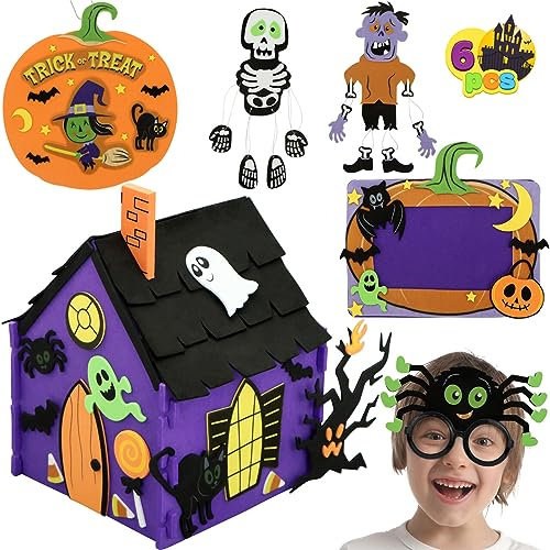 JOYIN Artes y Manualidades de Espuma de Halloween para niños con casa embrujada 3D, Marco de Fotos, Gafas y Colgador de Cartel de Puerta de Truco o Trato, Regalos de Fiesta de Halloween