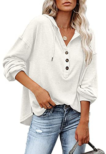 PLOKNRD Hoodie Damen V-Ausschnitt Pullover Kordelzug Dünn Kapuzenpullover | Langarm Knöpfen Henley Tops Sweatshirt Hooded Kapuze Herbst Winter Leicht Freizeit Sport Boho Klassisch Urlaub Party
