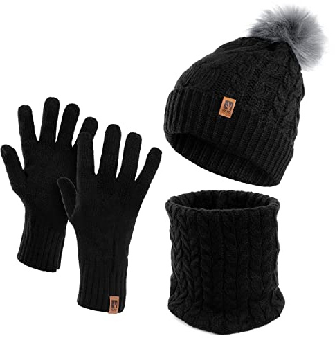 HEYO Damen Wintermütze Schlauchschal Handschuhe 3 teiliges Set | Warme Winter Mütze Schal Winterhandschuhe Beanie gefüttert HZ0004 (Schwarz)