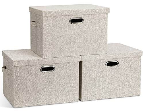 Graciadeco Large Quart Collapsible Stackable Storage Bins with Lids, 3 Packs Beige Linen Fabric Closet Boxes with Lids, Storage Cube Baskets Container Organizers for Bedroom Office(16.6 x 11.7 x 10.8)