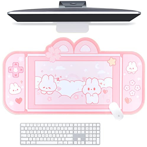 BelugaDesign Bunny Desk Pad | NS Switch-Tastatur-Gaming-Matte | Pastellrosa Kawaii-Anime-Schreibtischunterlage | Rosa Hasen-Schreibtischunterlage für Gaming, süße Schreibtischeinrichtung (groß)