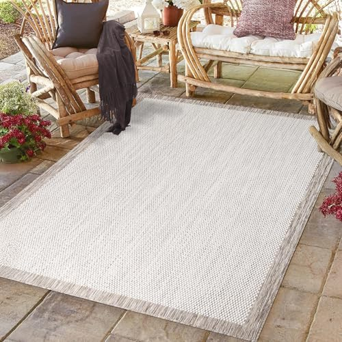 payé Outdoor Teppich Wetterfest - 140x200cm - Beige Weiß - Bordüre - Teppiche für Terrasse Balkon Garten Indoor