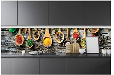 WallArena - Vlies Fototapete Küche Abwaschbar Kräuter Gewürze Löffel Küchentapete 250x60 - Fototapeten - Tapeten - für Wohnzimmer Schlafzimmer - Vliestapete Wandtapete Tapete 3D Effekt- inkl. Kleister