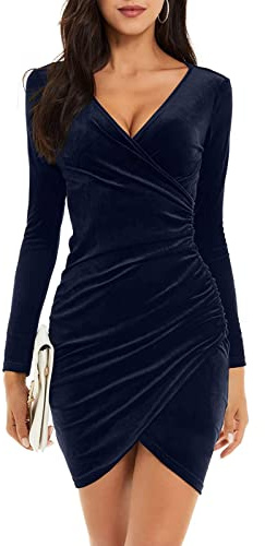 Niwicee Vestido Mujer Vestido Lápiz Elegante Velvet Ruchado Vestidos de Cóctel V Cuello Manga Larga Wrap Dresses Damas Vestidos de Bodycon para Fiesta Cóctel Casual