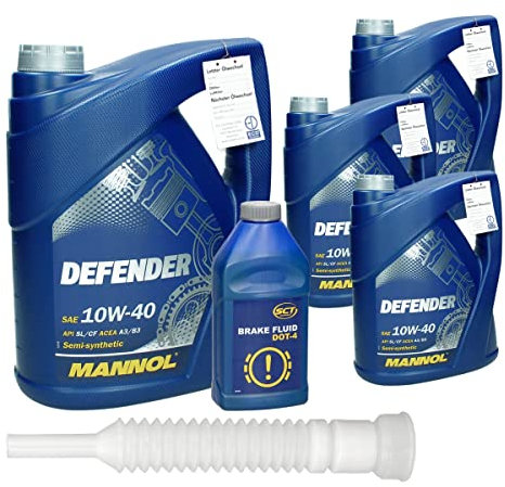 MANNOL Motoröl Defender SAE 10W-40 API SL/CF 4x 5L (20 Liter) Teilsynthetisch Motorenöl + MANNOL Bremsflüssigkeit DOT-4 Brake Fluid 0,5L inkl. Ausgießer und Ölwechselanhänger