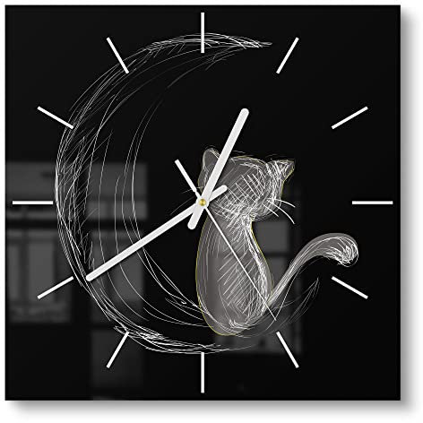 DEQORI Glasuhr | 30x30 cm | Motiv Die Katze und der Mond | ausgefallene leise Design Uhr aus Glas | Wanduhr für Wohnzimmer & Küche | moderne Hingucker Uhr für die Wand