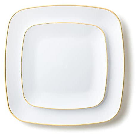 Decor Decorline - Set Piatti Quadrati Plastica Rigida Riutilizzabili da 32 pezzi/per 16 persone - Bianco con Bordo Oro - Piatti dessert & Piatti pranzo - 2 misure (16 x 25 cm, 16 x 18 cm) - Classic