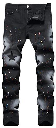 Men's Casual Skinny Straight Slim Fit Hand-Painted Star Printed Jeans,1315 Black,Size 36