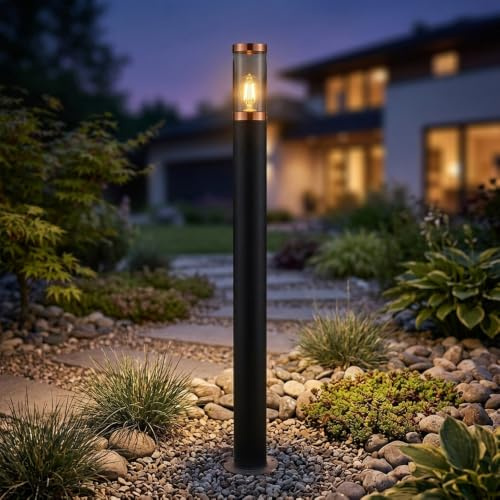 Wegeleuchte Pollerleuchte außen Gartenlampen schwarz IP44, Standleuchte Terrasse Balkon, Edelstahl Kupfer rauchfarben, 1x E27 Fassung, DxH 12,7x110cm