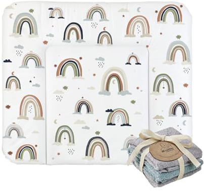 Wickelauflage Keil, Boho Rainbow, mehrfarbig + Rotho Babydesign Waschtücher 3er Set