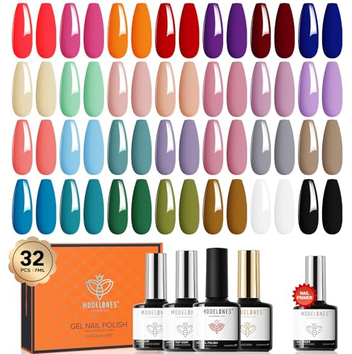 Modelones 32pc Gel Nail Polish Set, 28 Colors All Seasons with Glossy & Matte Top Coat, No Wipe Base Coat & Nail Primer - Orange, Brown, Red, Purple Classic Colors - DIY Home Gift
