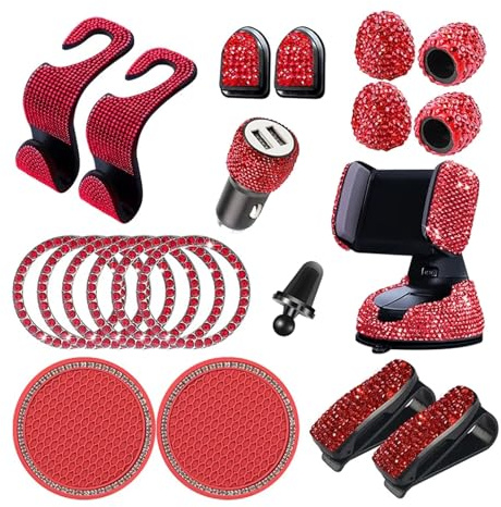 hifrom 20 Stück Bling Auto Zubehör Innenraum Frauen Glitzer, Bling Autozubehör Bling Car Accessories Brillenhalter für Frauen, Bling Handyhalterung, Bling Zündring, Bling Auto Haken