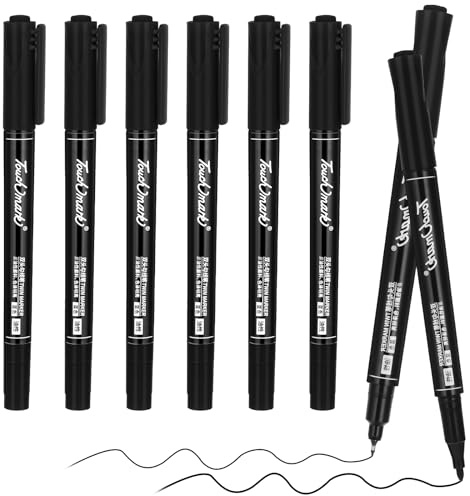 Jeffdad 6 Stück Permanent Marker Fein, 0.5/1.0mm Doppelspitze Permanenter Marker Schwarz Wasserfest Filzstifte mit Feiner Spitze Permanent Marker Dünn für Glas Stein Holz Keramik Zeichnen(Schwarz)