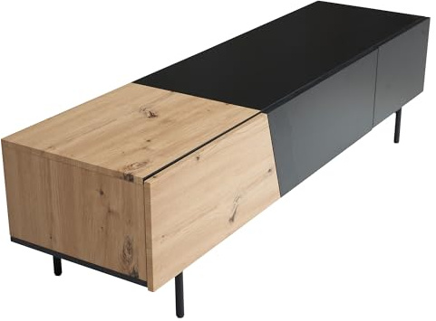 FineBuy Lowboard Schwarz 150x40x40 cm TV-Kommode, Design TV-Schrank Niedrig, Fernsehtisch Fernsehschrank mit Türen & Schublade, Fernsehkommode Wohnzimmer Modern Braun
