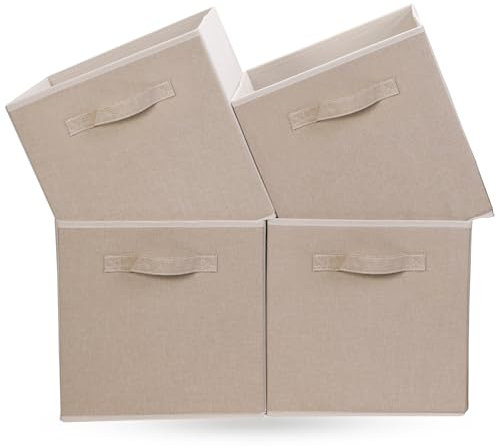 OVAKIA Faltbare Aufbewahrungsbox aus Stoff, 30 x 30 x 30 cm Aufbewahrungswürfel ohne Deckel, Zusammenklappbarer Schrank mit Griffen Organizer für Kleidung Würfelregal, 4 er-Pack (Beige)