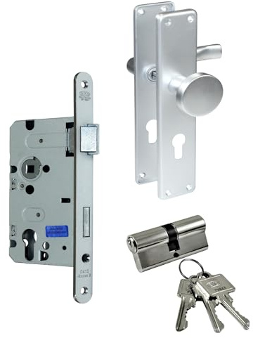 SN-TEC BKS Zimmertür/Wohnungstür/Badezimmer Komplett Set, inclusive Aluminium Schild Beschlag (PZ Profilzylinder/Knauf, DIN RECHTS, Renovierungsschild 240mm x 47mm)