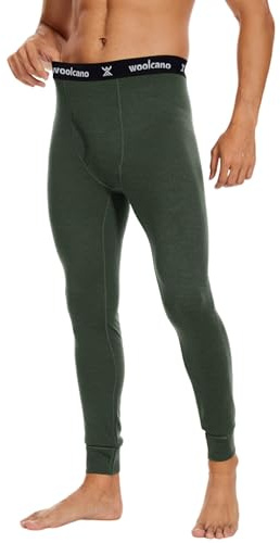 woolcano 100% Merino Wool Thermal Underwear Mens Long Johns for Men Thermal Mens Leggings Base Layer Skiing Skating Running Army Green L