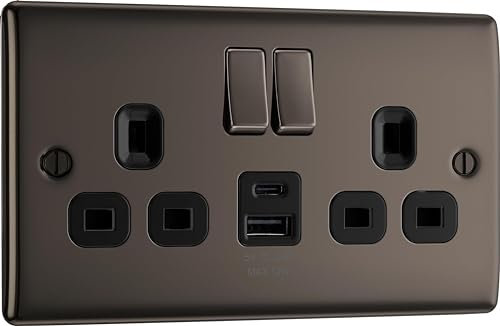 BG Electrical 12W Double Switched Power Wall Plug Socket with USB A and USB C Charging Ports, Nexus Metal, Black Nickel, 13A, NBN22UAC12B