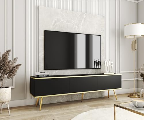 3E 3xE living.com TV- Schrank in Schwarzer Farbe mit goldenen Beinen, D: L: 175 cm, H: 53 cm, T: 32 cm