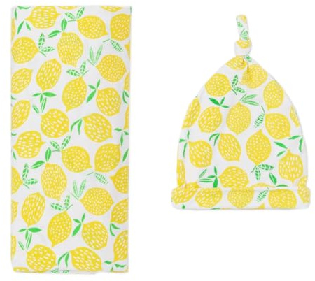 Little Sleepies Swaddle & Hat Set, Baby Swaddles Newborns, Soft Viscose from Bamboo Swaddle Blanket Wrap (Lemons)